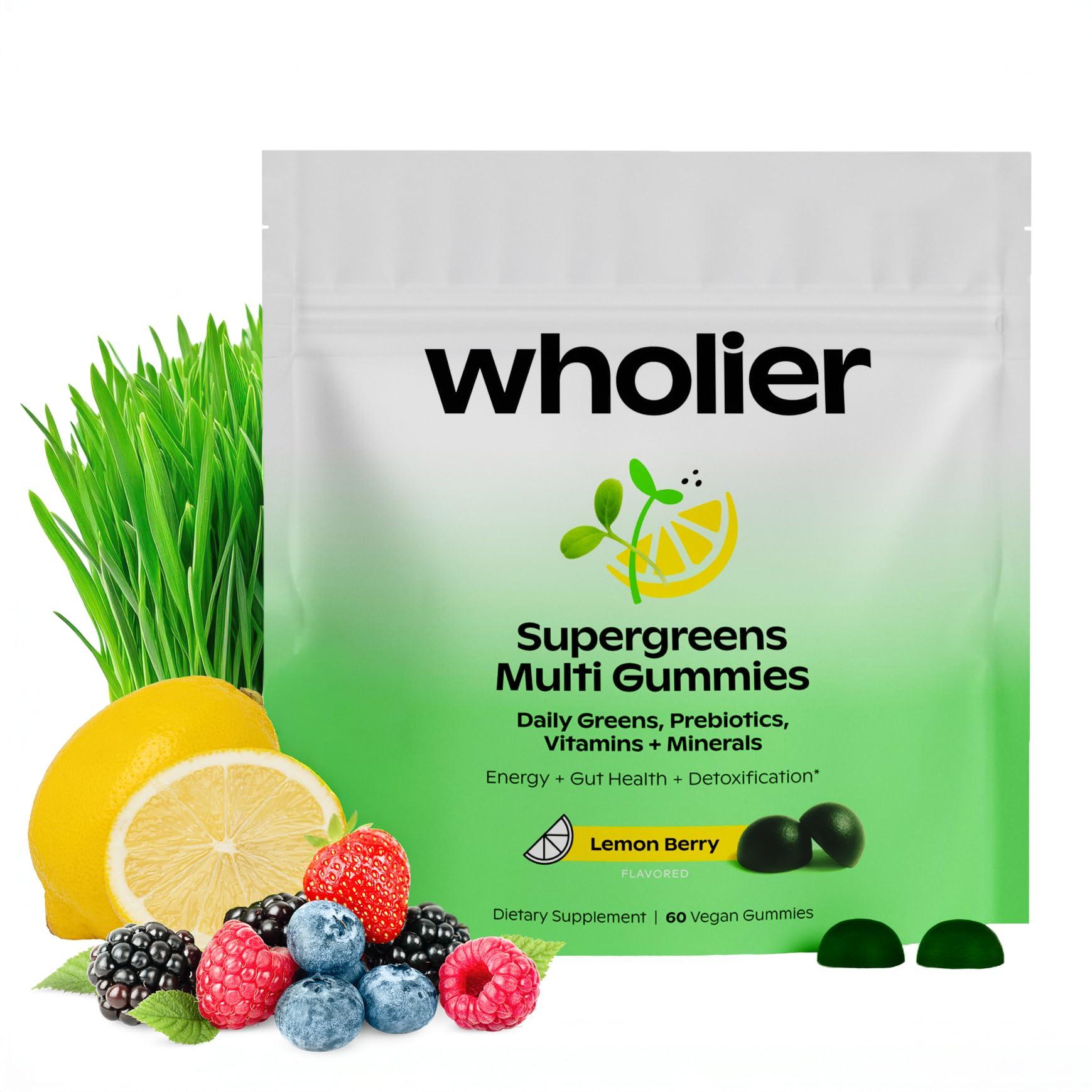 wholier Daily Supergreens Gummies, Greens Supplement with Prebiotics, Fiber, Adaptogens, Vegan Multivitamin, 9 Essential Vitamins + Minerals, 1g Sugar, 2 Gummy Serving (60 Gummies, 30 Day Supply) - Maple Wellness Supplements