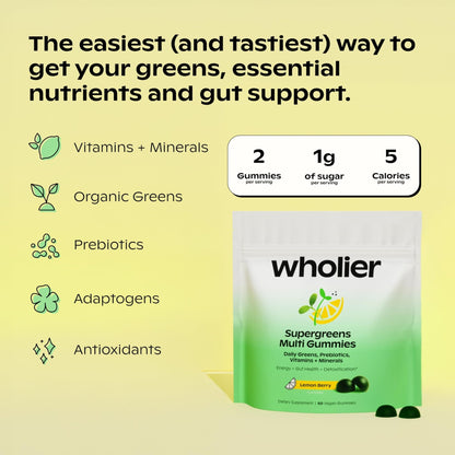 wholier Daily Supergreens Gummies, Greens Supplement with Prebiotics, Fiber, Adaptogens, Vegan Multivitamin, 9 Essential Vitamins + Minerals, 1g Sugar, 2 Gummy Serving (60 Gummies, 30 Day Supply) - Maple Wellness Supplements