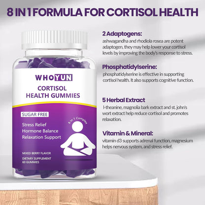 Whoyun Cortisol Supplement Gummies for Women, Lower Cortisol with Phosphatidylserine Ashwagandha Magnesium, Stress Relief, Vegan Sugar Free, 60 Count - Maple Wellness Supplements