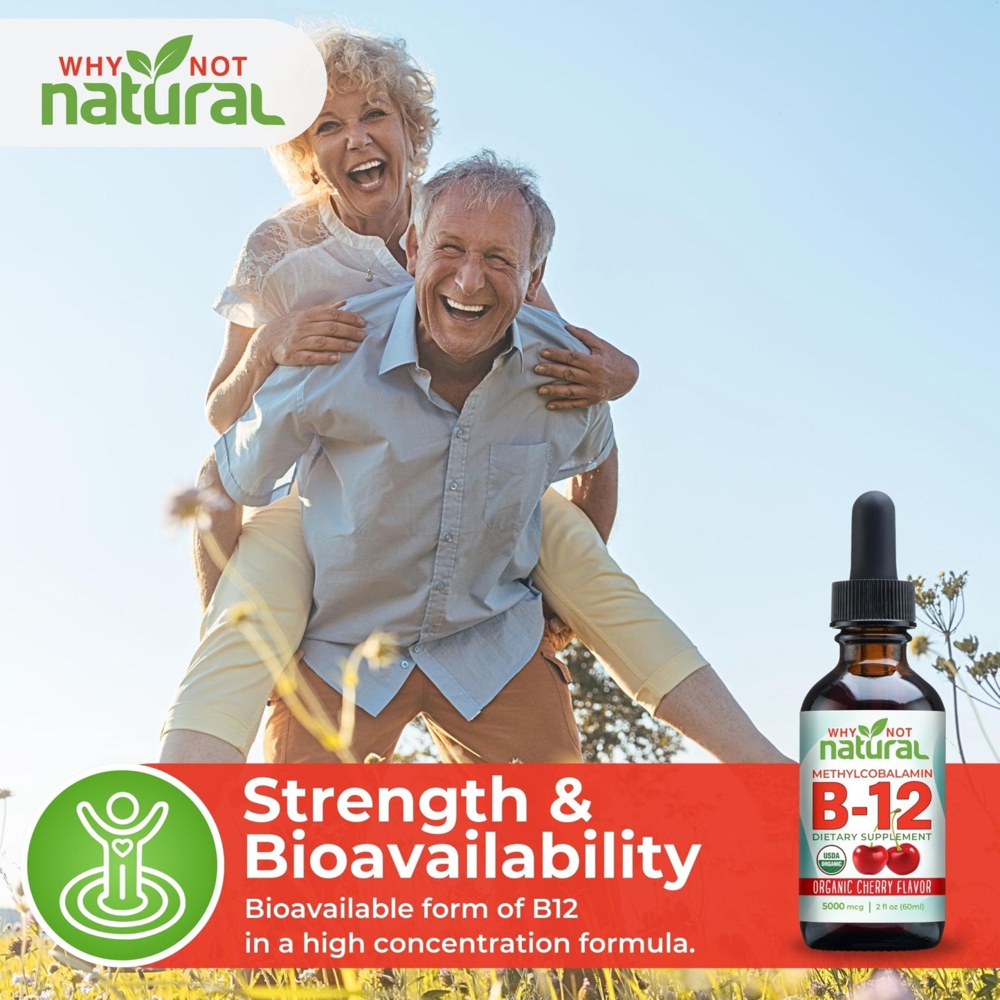 Why Not Natural Organic Vitamin B12 Liquid - Sublingual Extra Strength 60 x 5000 mcg Methylcobalamin Drops, Vegan, - Maple Wellness Supplements
