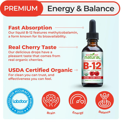 Why Not Natural Organic Vitamin B12 Liquid - Sublingual Extra Strength 60 x 5000 mcg Methylcobalamin Drops, Vegan, - Maple Wellness Supplements