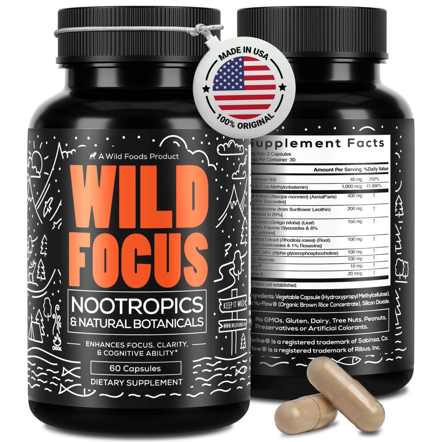 Wild Focus Brain Supplements | Caffeine-Free, Plant-Based Botanicals | Lions Mane, Ginkgo Biloba, Bacopa Monnieri, Lemon Balm | 100% Natural Nootropic | 60 caps - Maple Wellness Supplements