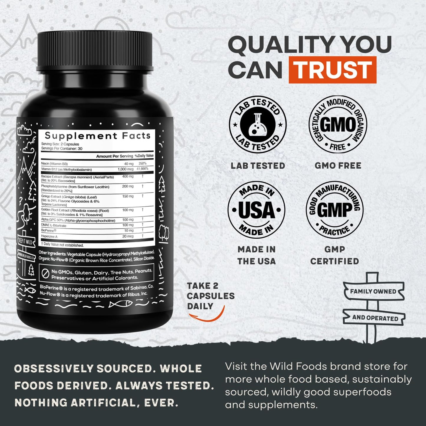 Wild Focus Brain Supplements | Caffeine-Free, Plant-Based Botanicals | Lions Mane, Ginkgo Biloba, Bacopa Monnieri, Lemon Balm | 100% Natural Nootropic | 60 caps - Maple Wellness Supplements