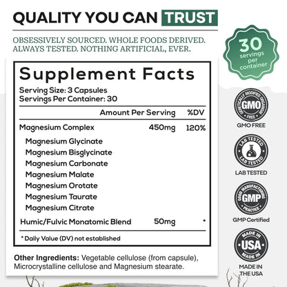 Wild Foods Magnesium Complex Supplement with 7X Forms, 90 Capsules | High Absorption, Full Spectrum, Easy Digestion | 500mg Glycinate, Bisglycinate, Malate, Orotate, Citrate, Taurate - Maple Wellness Supplements