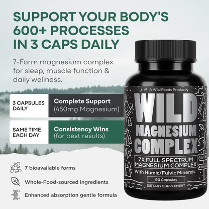 Wild Foods Magnesium Complex Supplement with 7X Forms, 90 Capsules | High Absorption, Full Spectrum, Easy Digestion | 500mg Glycinate, Bisglycinate, Malate, Orotate, Citrate, Taurate - Maple Wellness Supplements
