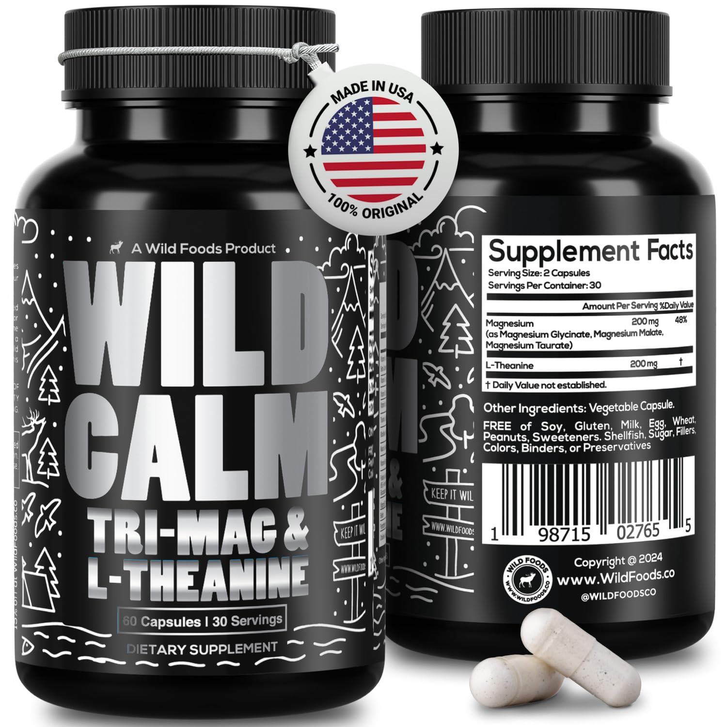 Wild Foods Tri-Mag & L-Theanine – Triple Magnesium Complex for Sleep w/L Theanine – Magnesium Glycinate, Malate, Taurate – 100% Natural – 60 Capsules - Maple Wellness Supplements