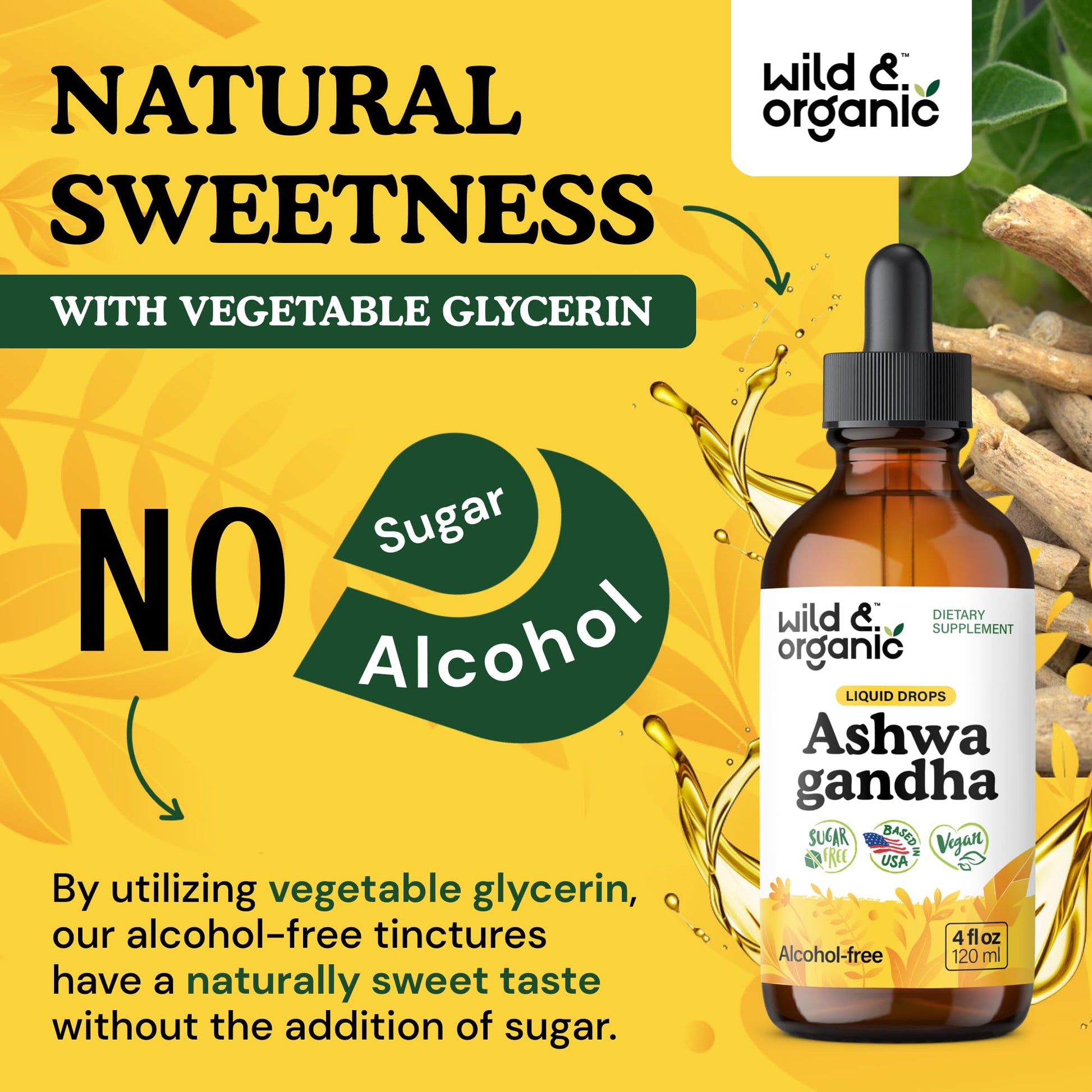 Wild & Organic Ashwagandha Drops - Mood Support & Positive Energy - 500 mg Ashwagandha for Women & Men - Add to Tea Liquid Extract for Relaxation - Non-GMO, Sugar & Alcohol-Free Tincture - 4 fl oz - Maple Wellness Supplements