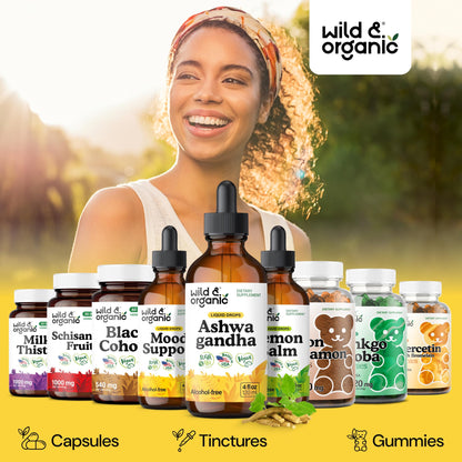 Wild & Organic Ashwagandha Drops - Mood Support & Positive Energy - 500 mg Ashwagandha for Women & Men - Add to Tea Liquid Extract for Relaxation - Non-GMO, Sugar & Alcohol-Free Tincture - 4 fl oz - Maple Wellness Supplements
