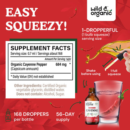 Wild & Organic Cayenne Pepper Tincture - Digestive Support with Capsaicin Extract - Cayenne Pepper Liquid Drops for Overall Well-Being - Unflavored, Vegan, Sugar & Alcohol-Free - 4 fl oz - Maple Wellness Supplements