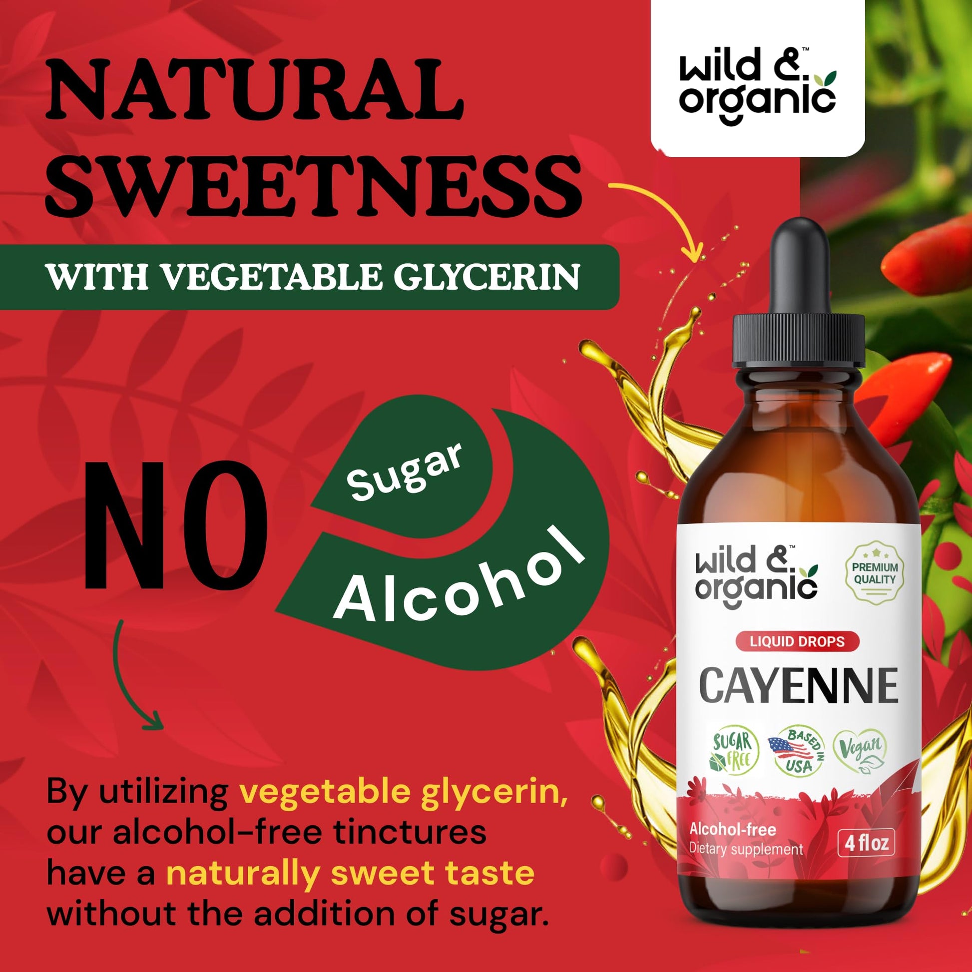 Wild & Organic Cayenne Pepper Tincture - Digestive Support with Capsaicin Extract - Cayenne Pepper Liquid Drops for Overall Well-Being - Unflavored, Vegan, Sugar & Alcohol-Free - 4 fl oz - Maple Wellness Supplements