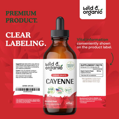 Wild & Organic Cayenne Pepper Tincture - Digestive Support with Capsaicin Extract - Cayenne Pepper Liquid Drops for Overall Well-Being - Unflavored, Vegan, Sugar & Alcohol-Free - 4 fl oz - Maple Wellness Supplements