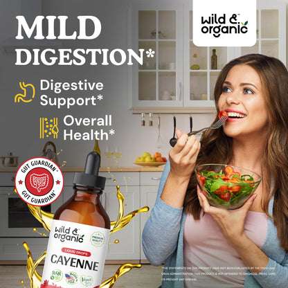 Wild & Organic Cayenne Pepper Tincture - Digestive Support with Capsaicin Extract - Cayenne Pepper Liquid Drops for Overall Well-Being - Unflavored, Vegan, Sugar & Alcohol-Free - 4 fl oz - Maple Wellness Supplements