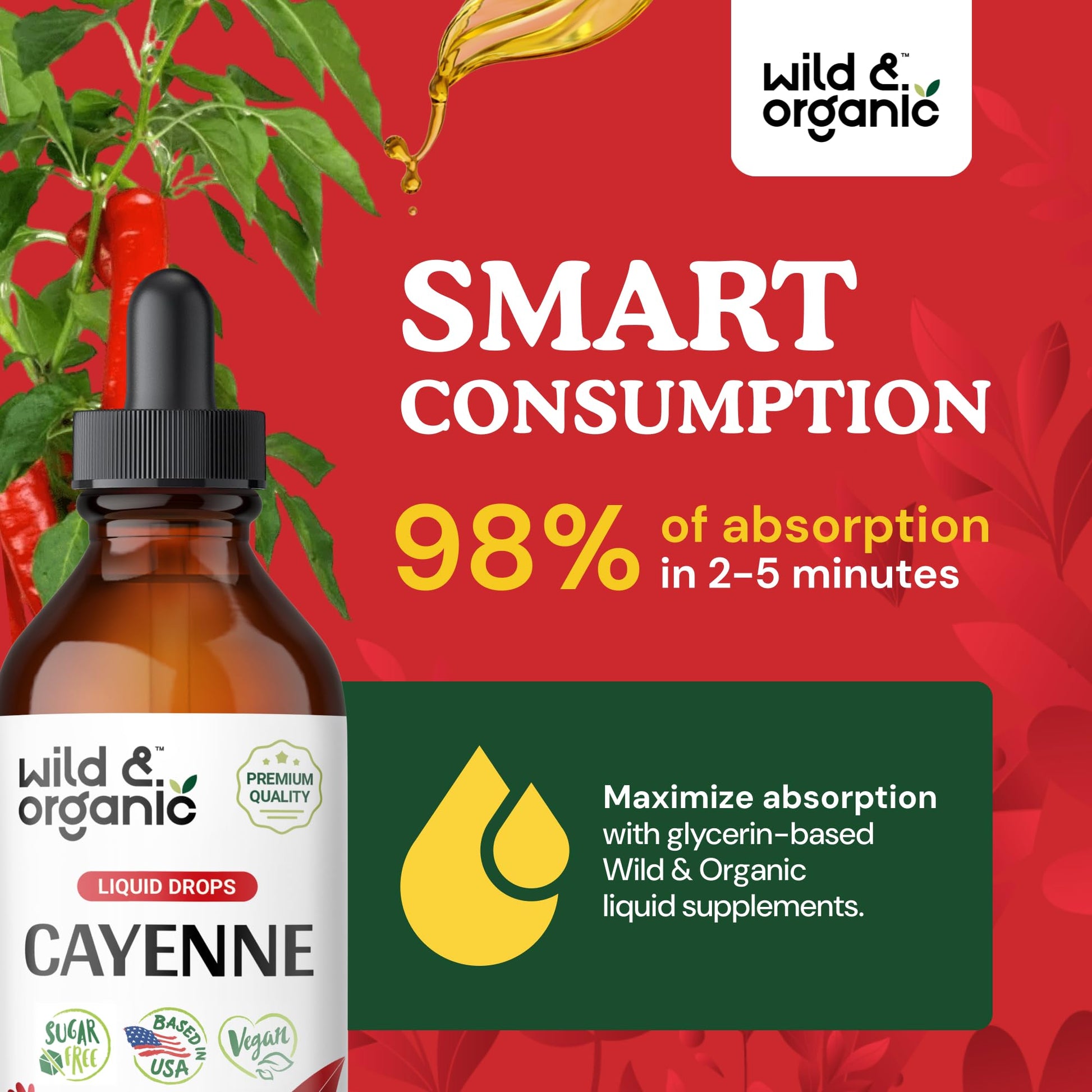 Wild & Organic Cayenne Pepper Tincture - Digestive Support with Capsaicin Extract - Cayenne Pepper Liquid Drops for Overall Well-Being - Unflavored, Vegan, Sugar & Alcohol-Free - 4 fl oz - Maple Wellness Supplements