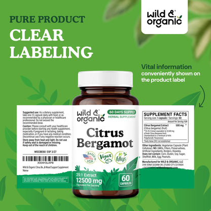 Wild & Organic Citrus Bergamot Capsules - Antioxidant & Overall Support - Citrus Bergamot Extract Capsules - Bergamia Fruit Powder Supplement - Maple Wellness Supplements