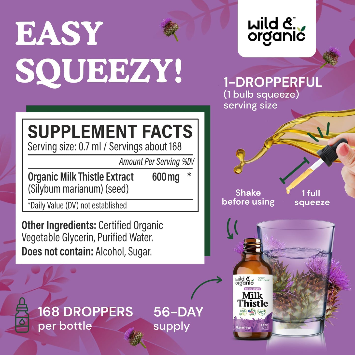 Wild & Organic Milk Thistle Liquid Drops - Liver Cleanse Detox - Silymarin Milk Thistle Supplement for Liver Support - Add to Tea - Silybum Marianum Seed Extract Tincture - Maple Wellness Supplements