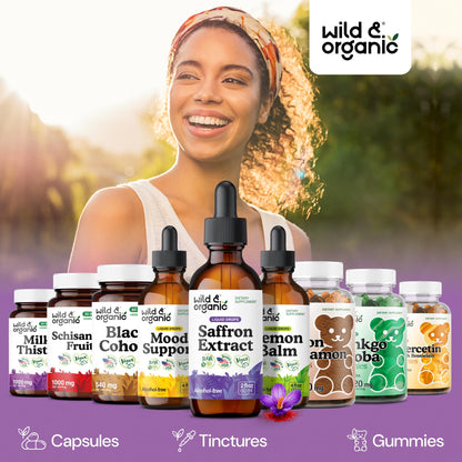 Wild & Organic Saffron Supplements 88.5 mg - Mood, Brain & Vision Support - Liquid Saffron Drops - Add to Tea - Crocus Sativus Herb Extract - Vegan, Sugar & Alcohol-Free Tincture - 2 fl oz - Maple Wellness Supplements