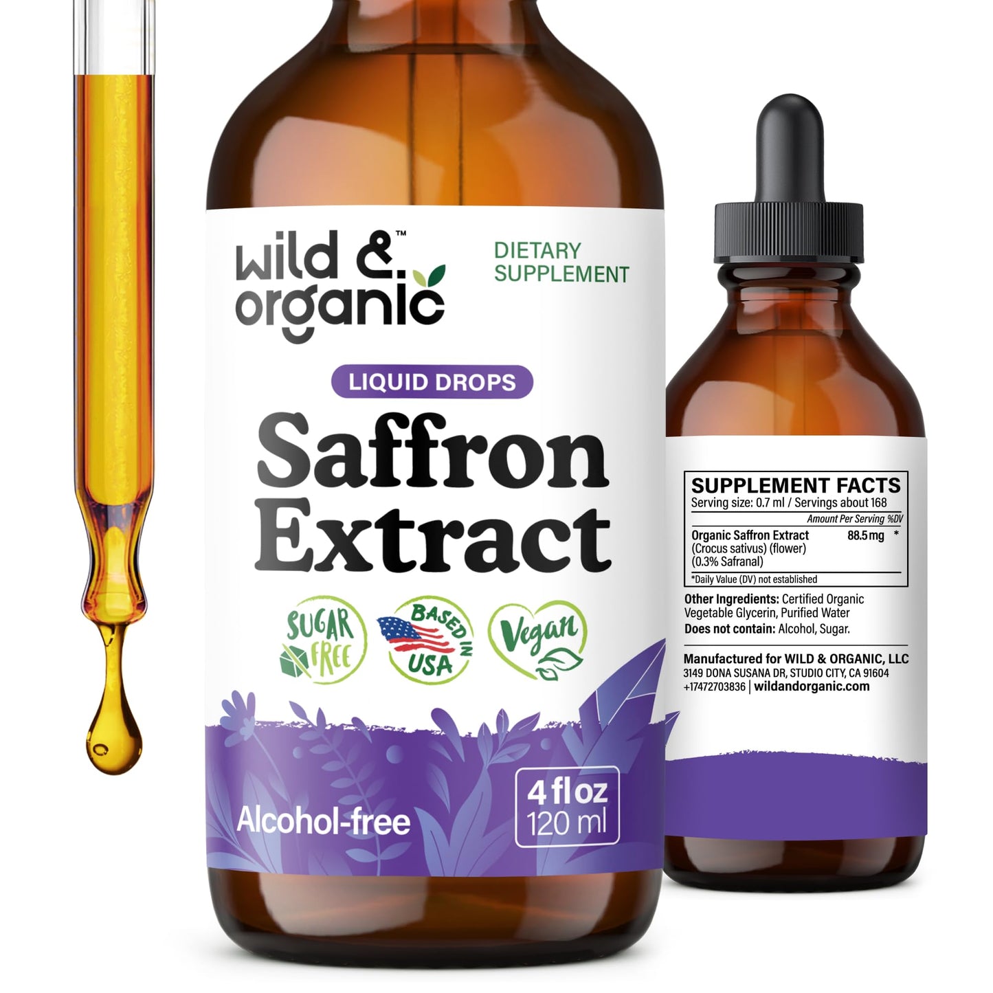 Wild & Organic Saffron Supplements 88.5 mg - Mood, Focus & Eye Support - Saffron Extract Liquid Drops - Add to Tea - 5-Month Supply - Crocus Sativus Herb - Maple Wellness Supplements