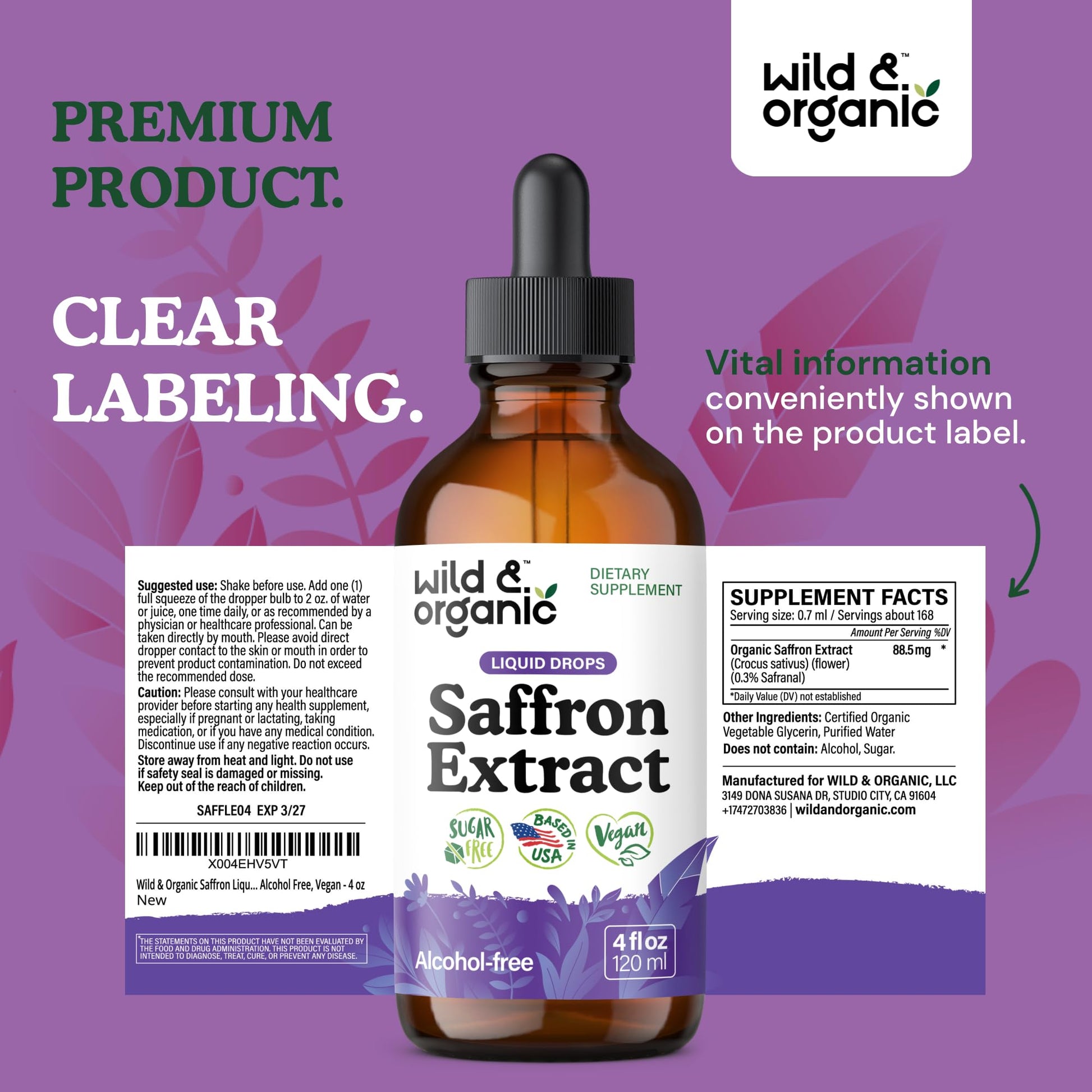 Wild & Organic Saffron Supplements 88.5 mg - Mood, Focus & Eye Support - Saffron Extract Liquid Drops - Add to Tea - 5-Month Supply - Crocus Sativus Herb - Maple Wellness Supplements