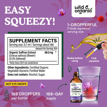 Wild & Organic Saffron Supplements 88.5 mg - Mood, Focus & Eye Support - Saffron Extract Liquid Drops - Add to Tea - 5-Month Supply - Crocus Sativus Herb - Maple Wellness Supplements