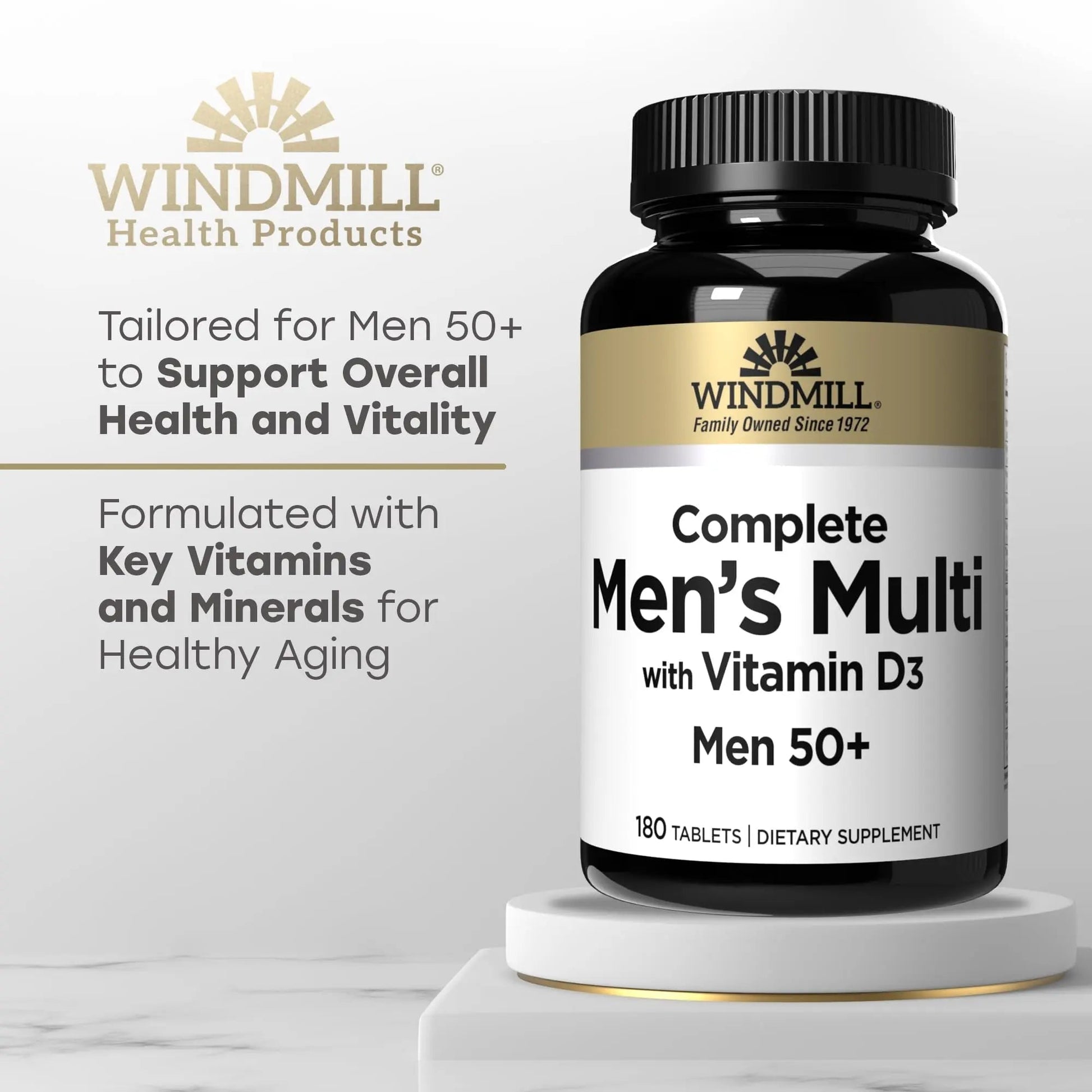 Windmill Natural Vitamins Men’s Multi 50+, with Vitamin D3, Mens Multivitamins for Daily Nutritional Support, Multivitamin for Men, 180 Tablet, 180 Day Supply - Maple Wellness Supplements