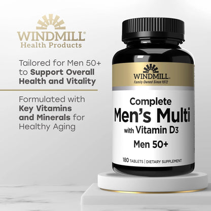 Windmill Natural Vitamins Men’s Multi 50+, with Vitamin D3, Mens Multivitamins for Daily Nutritional Support, Multivitamin for Men, 180 Tablet, 180 Day Supply - Maple Wellness Supplements