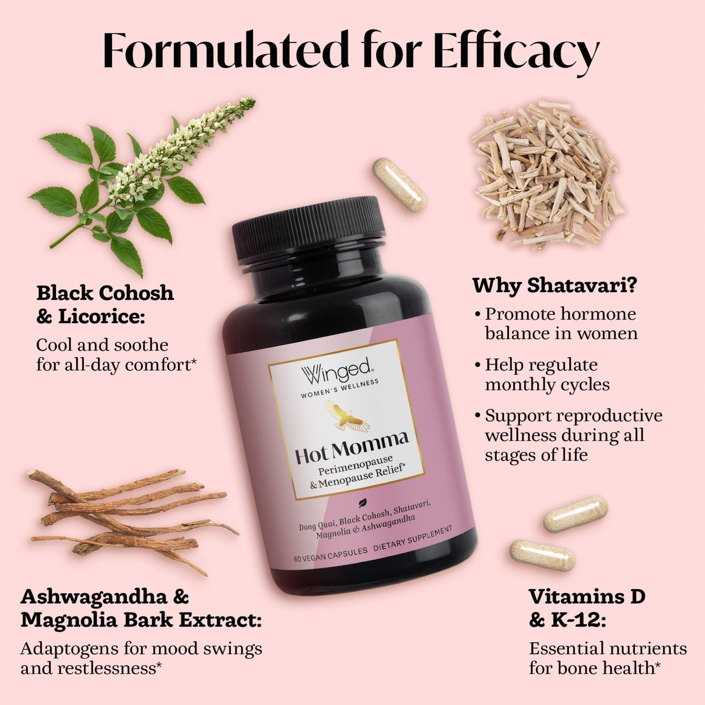 Winged Wellness Hot Momma Menopause Supplements for Women - Hormone-Free Menopause Relief Support for Hot Flashes & Night Sweats with Chaste Tree Berry, Multivitamins & Shatavari - 60 Vegan Capsules - Maple Wellness Supplements