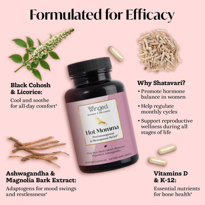 Winged Wellness Hot Momma Menopause Supplements for Women - Hormone-Free Menopause Relief Support for Hot Flashes & Night Sweats with Chaste Tree Berry, Multivitamins & Shatavari - 60 Vegan Capsules - Maple Wellness Supplements