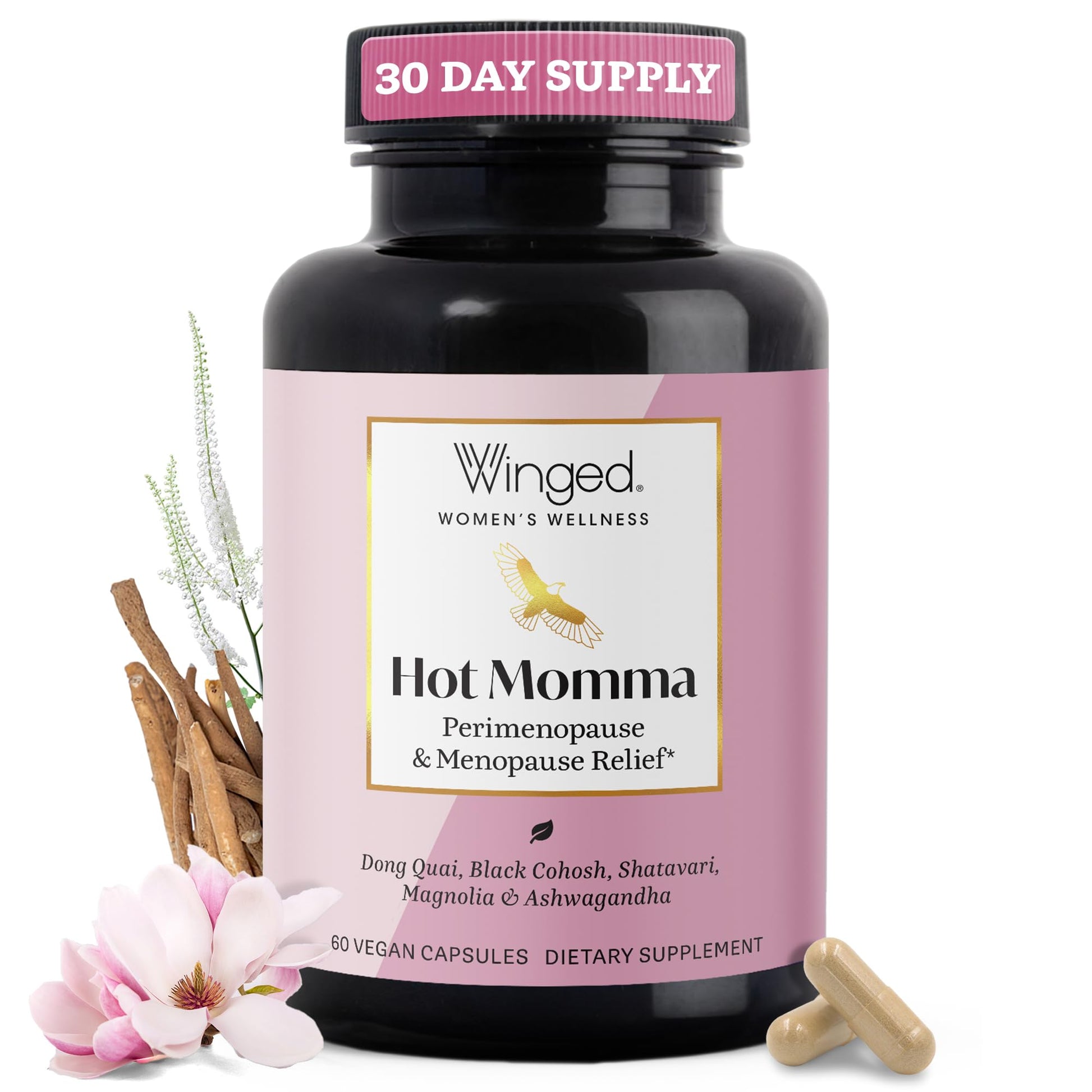 Winged Wellness Hot Momma Menopause Supplements for Women - Hormone-Free Menopause Relief Support for Hot Flashes & Night Sweats with Chaste Tree Berry, Multivitamins & Shatavari - 60 Vegan Capsules - Maple Wellness Supplements