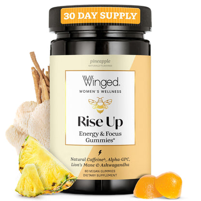 Winged Wellness Rise Up, Energy & Focus Gummies for Women - Daily Brain Boost Gummy Supplement with Natural Caffeine, Ashwagandha, B12, Nootropics Alpha-GPC & Lion’s Mane - Pineapple, 60 Gummies - Maple Wellness Supplements
