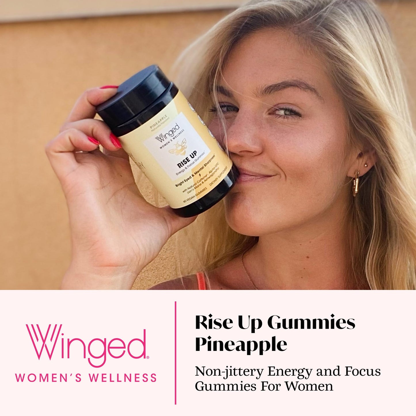 Winged Wellness Rise Up, Energy & Focus Gummies for Women - Daily Brain Boost Gummy Supplement with Natural Caffeine, Ashwagandha, B12, Nootropics Alpha-GPC & Lion’s Mane - Pineapple, 60 Gummies - Maple Wellness Supplements