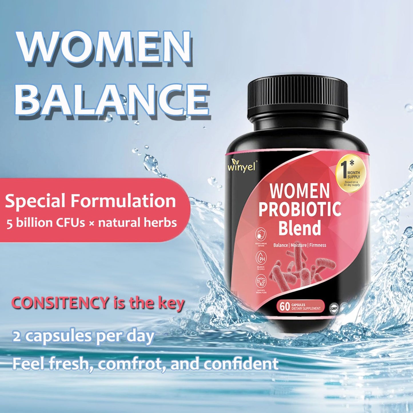 WINYEL Vaginal Probiotics for Women with Prebiotics & Herbal Blend – pH Balance & Feminine Health Support – Multi-Strain Lactobacillus for Vaginal Flora, - Maple Wellness Supplements