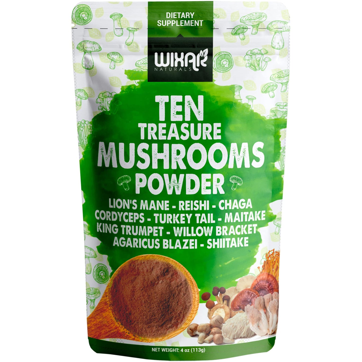 Wixar Mushroom Powder - Ten Treasure Mushrooms Extract Supplement Blend for Coffee - Maple Wellness Supplements