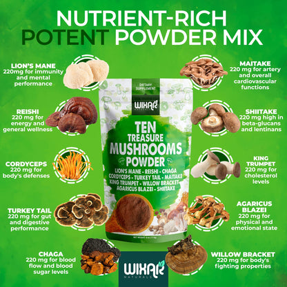 Wixar Mushroom Powder - Ten Treasure Mushrooms Extract Supplement Blend for Coffee - Maple Wellness Supplements