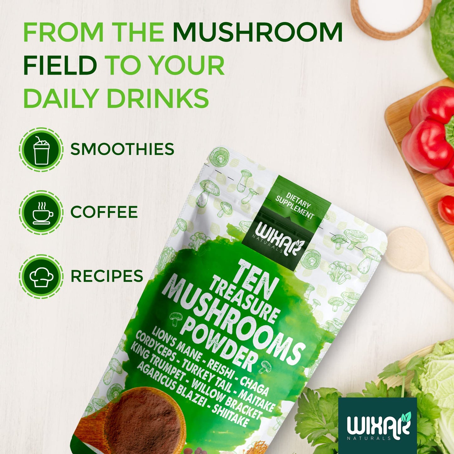 Wixar Mushroom Powder - Ten Treasure Mushrooms Extract Supplement Blend for Coffee - Maple Wellness Supplements