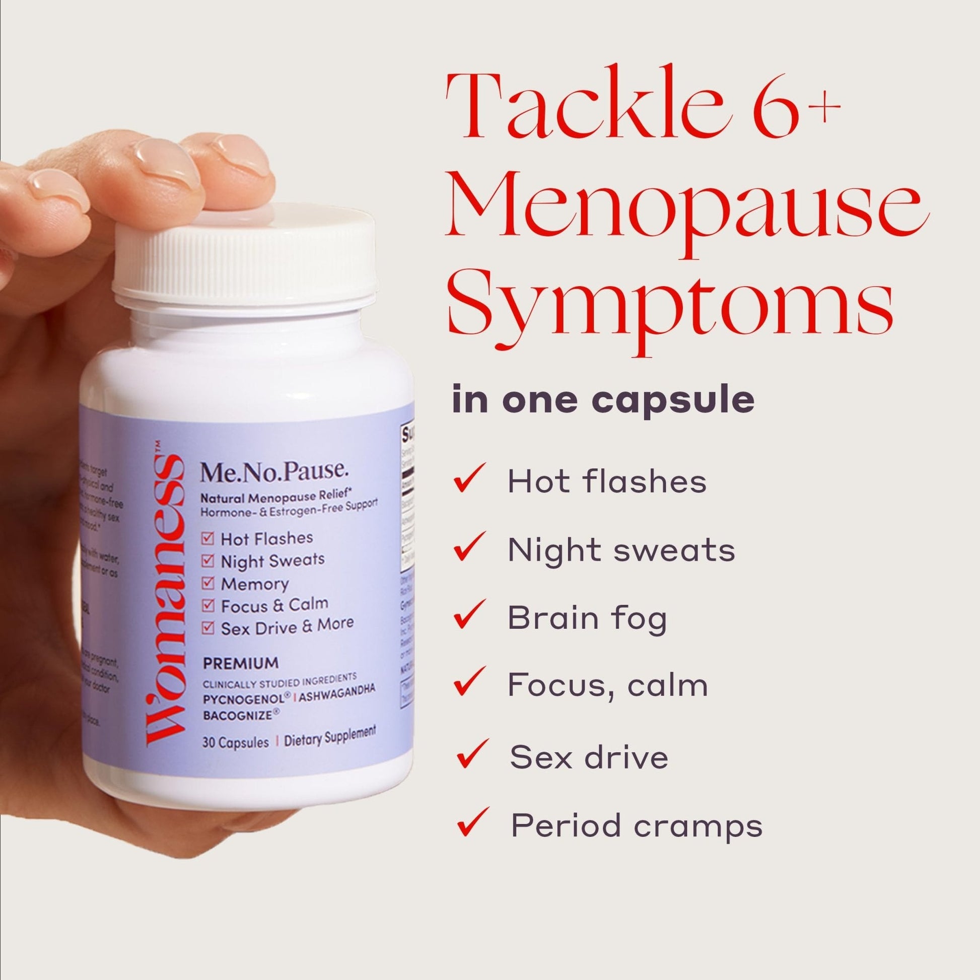 Womaness Menopause Supplements for Women - Hormone Balance for Women Perimenopause and Menopause - Ashwagandha, Pycnogenol and Bacognize for Hot Flashes, Brain Fog and Mood Hormone Free - 30 Capsules - Maple Wellness Supplements