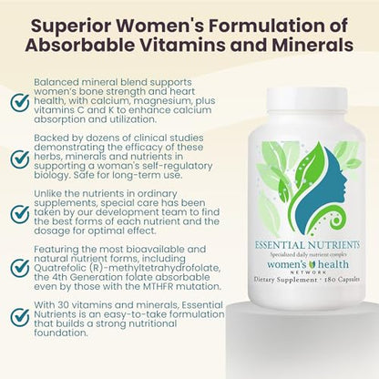 Women's Health Network Essential Nutrients – Daily Multivitamin for Energy, Healthy Aging & Immune Support, Folate as Quatrefolic®, a Patented Natural Form of 5-MTHF - Maple Wellness Supplements