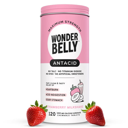 Wonderbelly Antacid, Effective Heartburn and Instant Acid Indigestion Relief, Extra Strength Chewable Tablets, 1000 mg Calcium Carbonate, No Talc or Dye, Strawberry Milkshake, 120 Count - Maple Wellness Supplements