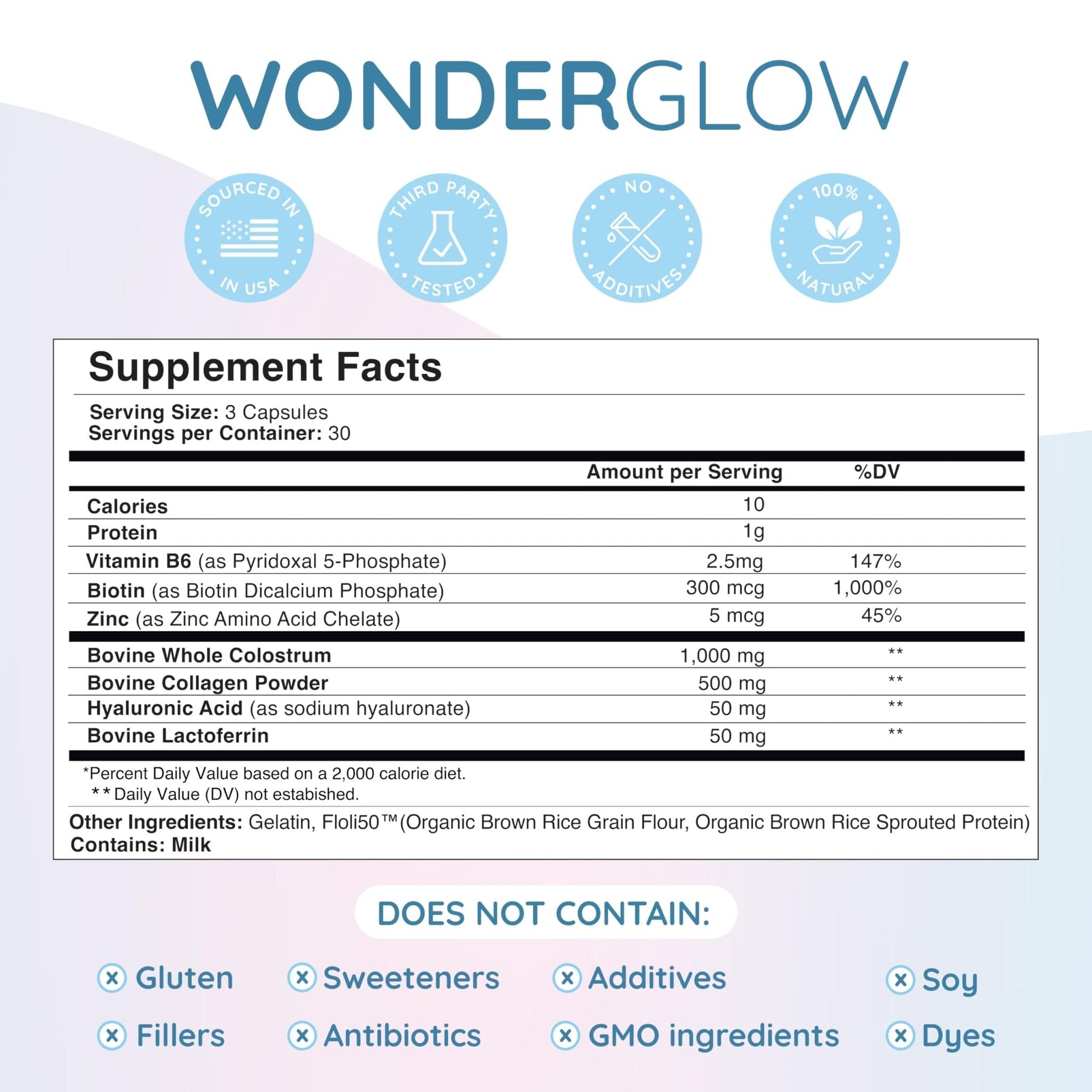 WONDERCOW Hair Skin and Nails Vitamins w/Bovine Colostrum, Collagen, Hyaluronic Acid, Biotin, Zinc, & Lactoferrin┃Supports Faster Hair Growth, Stronger Nails and Glowing Skin (30 Servings, Capsule) - Maple Wellness Supplements
