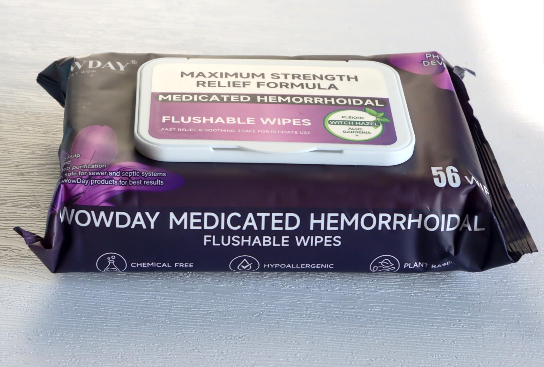 Wowday Flushable Hemorrhoid Wipes | Maximum Strength Witch Hazel Wipes | 56 Count Fragrance Free Adult Hemorrhoids Medicated Witch Hazels Wipe for Butt Hemorrhoidal Itch - Maple Wellness Supplements