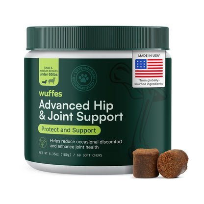 Wuffes Advanced Dog Hip and Joint Supplement with Glucosamine, Chondroitin, Omega 3, MSM, and Green Lipped Mussel, 60 Pork Flavored Chews for Small and Medium Dog Breeds - Maple Wellness Supplements
