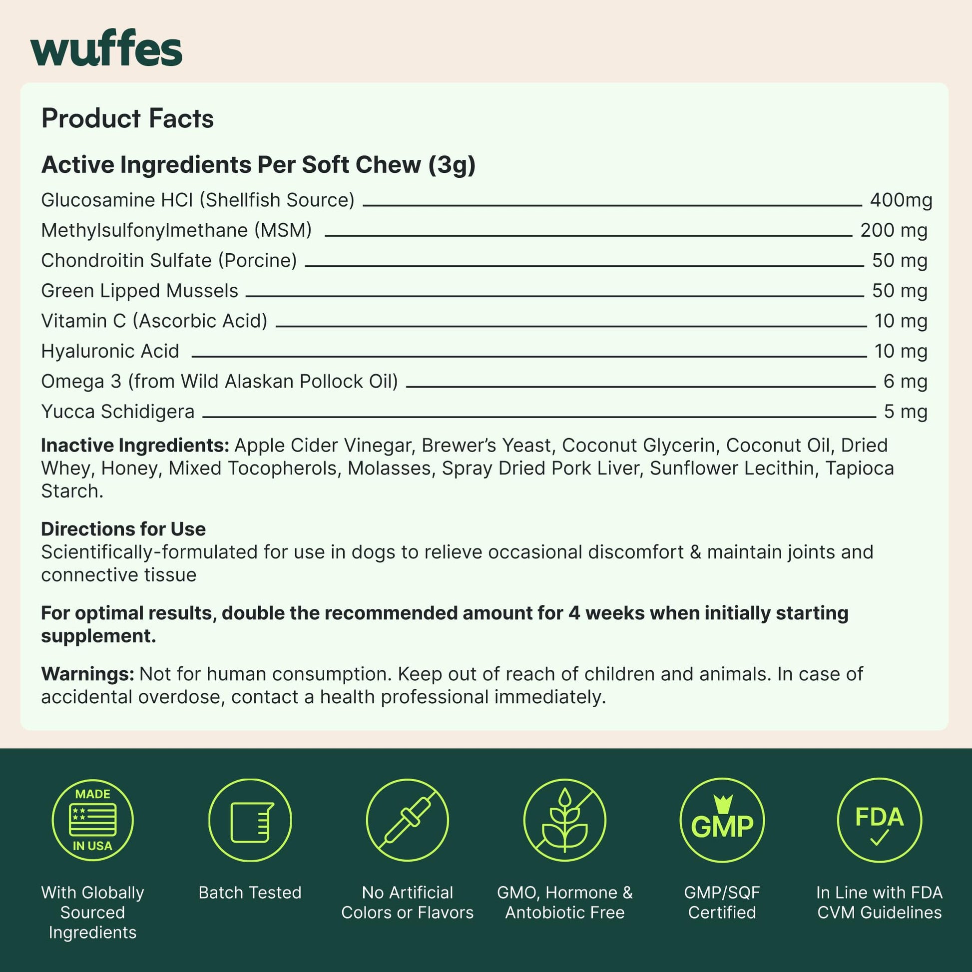Wuffes Advanced Dog Hip and Joint Supplement with Glucosamine, Chondroitin, Omega 3, MSM, and Green Lipped Mussel, 60 Pork Flavored Chews for Small and Medium Dog Breeds - Maple Wellness Supplements