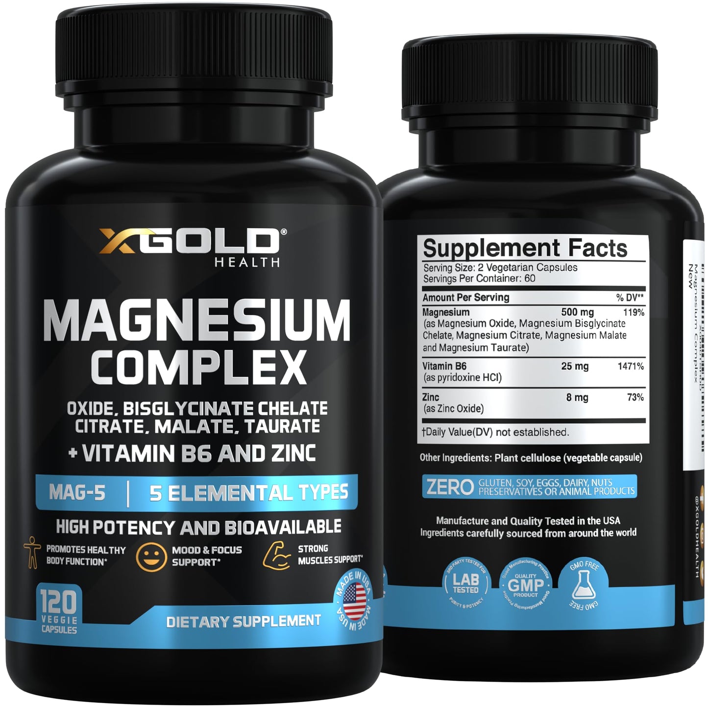 X Gold Health Magnesium Complex 5-in-1 with Zinc & B6 High Absorption Capsules (Glycinate, Citrate, Malate, Taurate, Oxide) Muscle Recovery, Energy, Sleep Support & Immune Health 500mg Made in USA - Maple Wellness Supplements