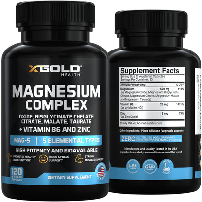 X Gold Health Magnesium Complex 5-in-1 with Zinc & B6 High Absorption Capsules (Glycinate, Citrate, Malate, Taurate, Oxide) Muscle Recovery, Energy, Sleep Support & Immune Health 500mg Made in USA - Maple Wellness Supplements