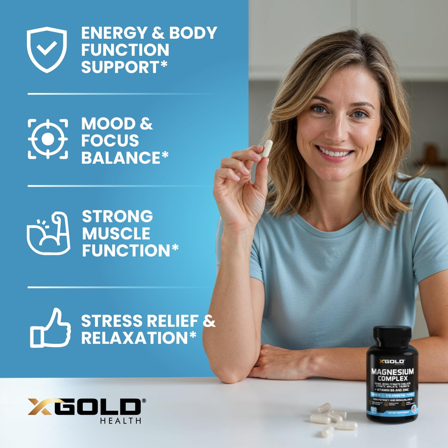 X Gold Health Magnesium Complex 5-in-1 with Zinc & B6 High Absorption Capsules (Glycinate, Citrate, Malate, Taurate, Oxide) Muscle Recovery, Energy, Sleep Support & Immune Health 500mg Made in USA - Maple Wellness Supplements