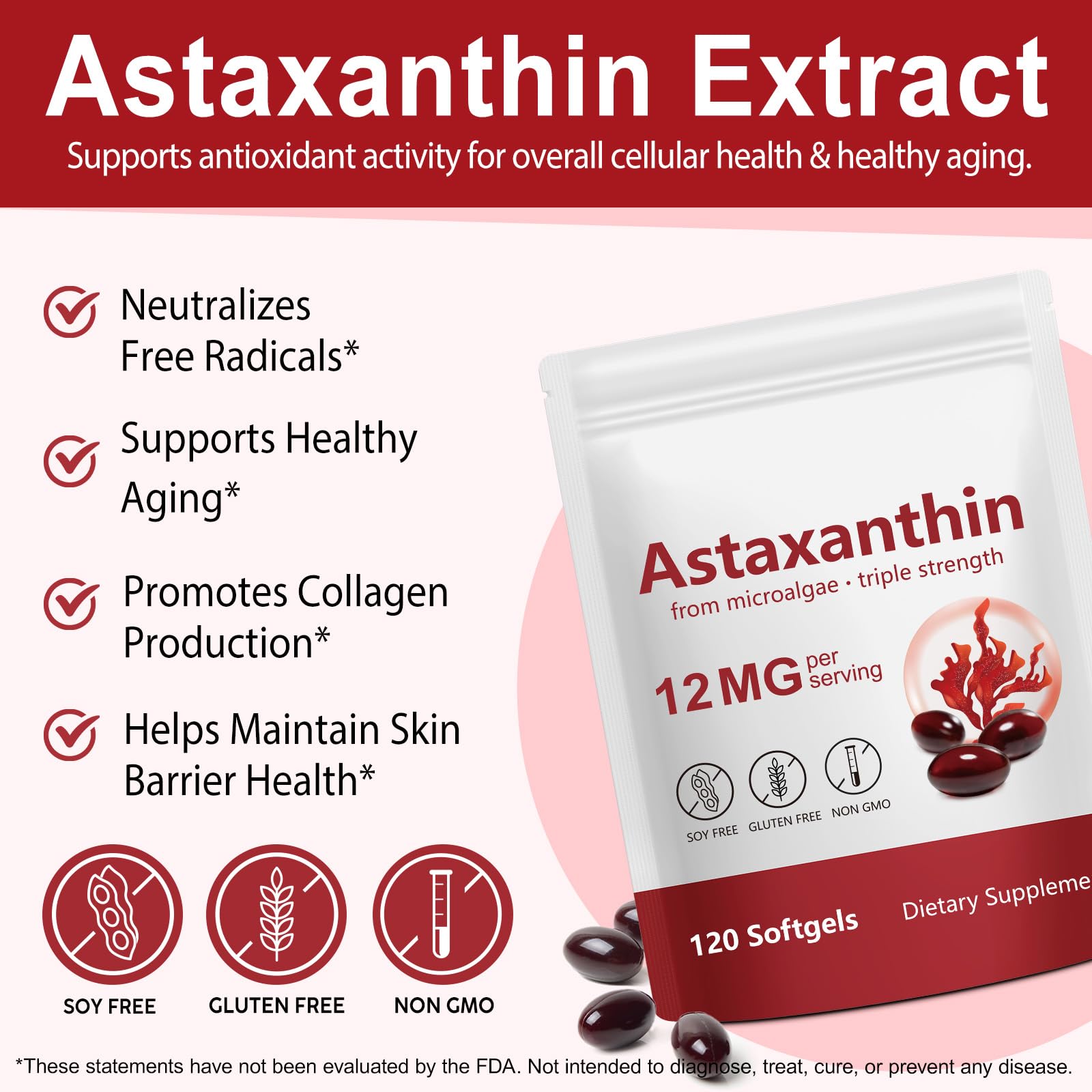 Xaarty Premium Astaxanthin 12mg, Natural Antioxidant Supplement for Eye, Joint, Skin Health,Microalgae Source, 4 Month Supply - Maple Wellness Supplements