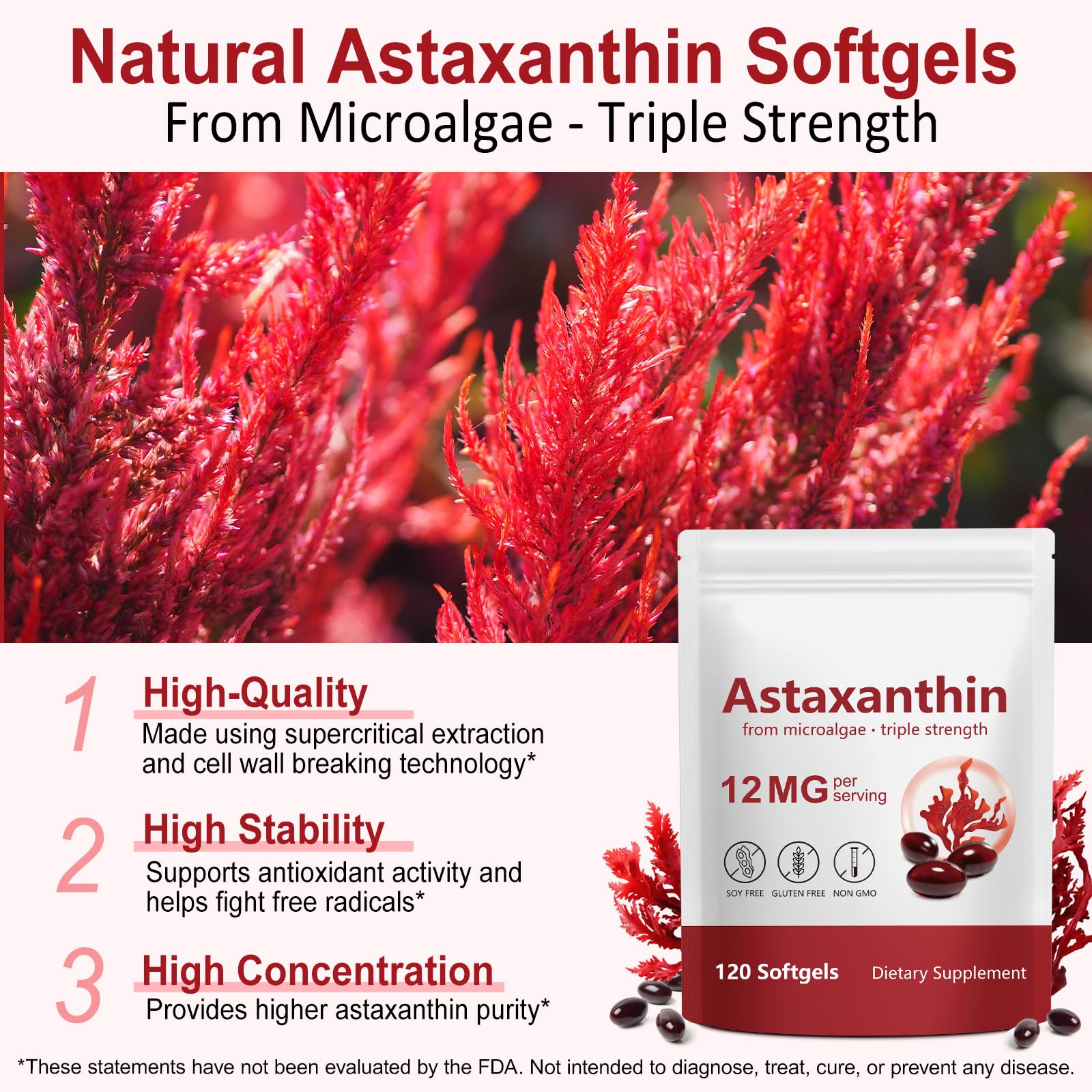 Xaarty Premium Astaxanthin 12mg, Natural Antioxidant Supplement for Eye, Joint, Skin Health,Microalgae Source, 4 Month Supply - Maple Wellness Supplements