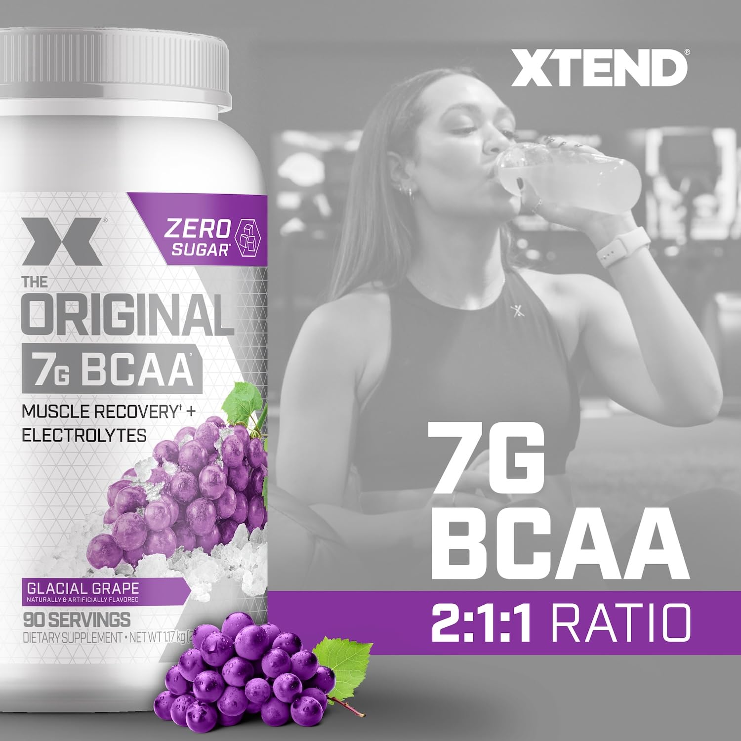 Xtend Original BCAA Powder, 7g BCAAs and 2.5g L-Glutamine for Muscle Recovery Hydration and Lean Muscle, Sugar Free Intra and Post Workout Drink with Electrolytes, Glacial Grape, 90 Servings - Maple Wellness Supplements