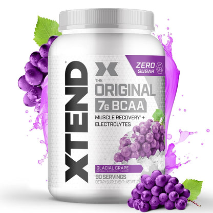 Xtend Original BCAA Powder, 7g BCAAs and 2.5g L-Glutamine for Muscle Recovery Hydration and Lean Muscle, Sugar Free Intra and Post Workout Drink with Electrolytes, Glacial Grape, 90 Servings - Maple Wellness Supplements