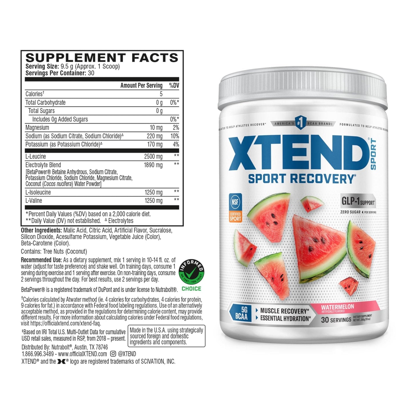 Xtend Sport BCAA Powder Watermelon - Electrolyte Powder for Recovery & Hydration with Amino Acids - 30 Servings - Maple Wellness Supplements