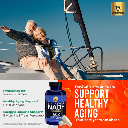 YAM Health Liposomal NAD Nicotinamide Riboside Equivalent with Trans-Resveratrol 300mg, Premium Halal NAD Supplement for Energy Metabolism, DNA Repair and Longevity, Vegan, Non-GMO (60 Count) - Maple Wellness Supplements